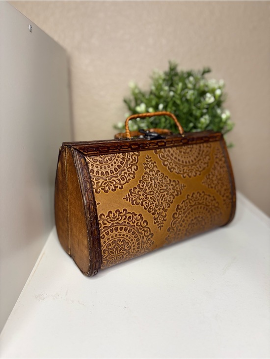 Handbags - Vintage Boho Wooden Box Purse Tooled Faux Leather Cigar Box Style Bag